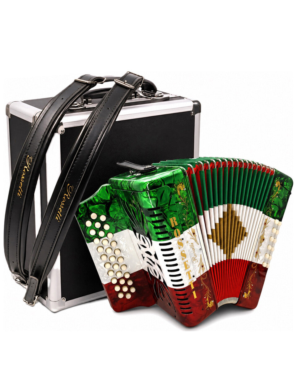 Rossetti 3112-GCF-RWG 3 Row 31 Treble, 12 Bass Diatonic Button Accordion in Red/White/Green - G, C, F Tuning